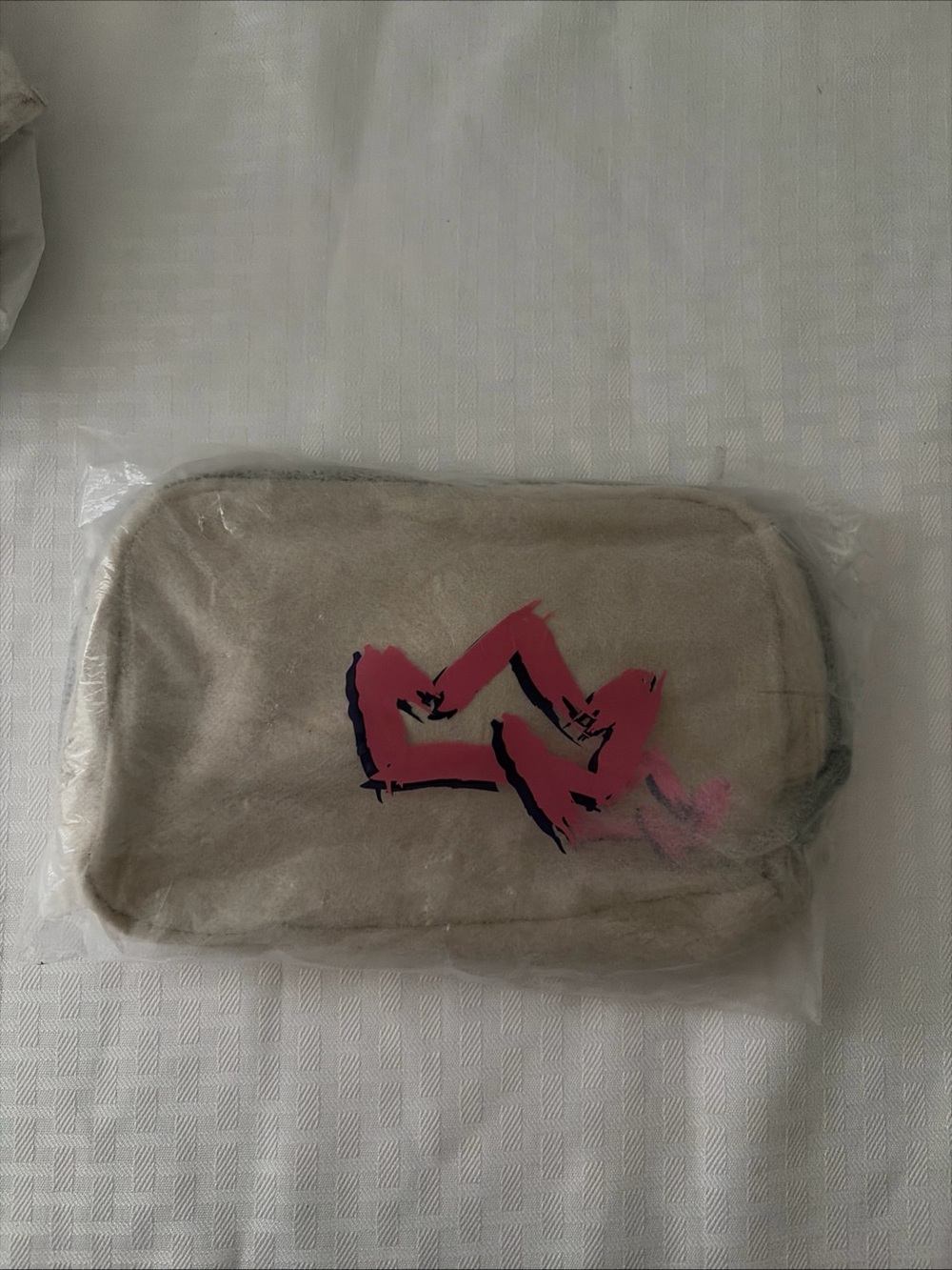 Beige Canvas Cosmetic Pouch with Pink Brushstroke Accent